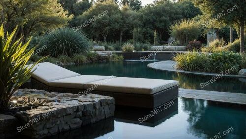 Modern Poolside Garden with Relaxing Loungers and Water Features