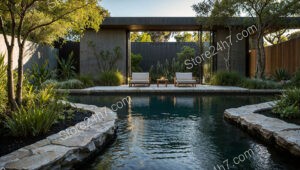 Modern Zen Garden with Poolside Loungers and Stone Path