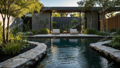 Modern Zen Garden with Poolside Loungers and Stone Path