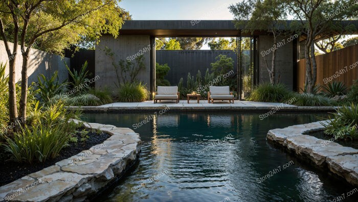 Modern Zen Garden with Poolside Loungers and Stone Path