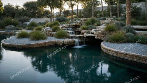 Natural Poolside with Waterfall Feature and Desert Plants