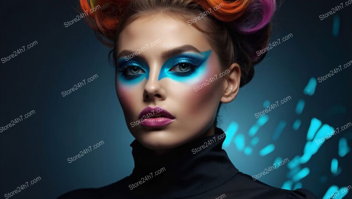 Neon Pop Art: Bold Blue Makeup and Colorful Hairstyle