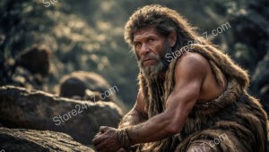 Pensive Caveman Sitting Amongst the Rocks in Contemplation
