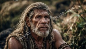 Pensive Caveman Sitting Thoughtfully in a Prehistoric Forest