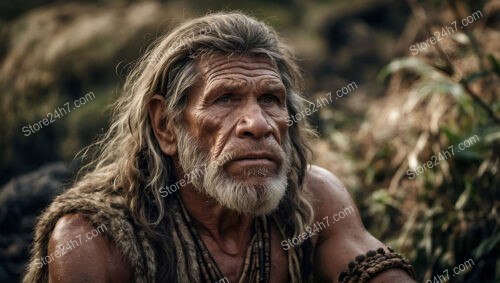 Pensive Caveman Sitting Thoughtfully in a Prehistoric Forest