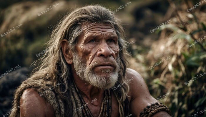 Pensive Caveman Sitting Thoughtfully in a Prehistoric Forest