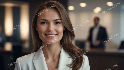 Professional support representative smiling in a corporate office