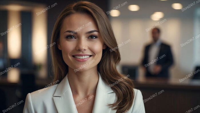 Professional support representative smiling in a corporate office