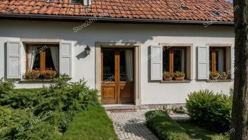 Quaint German cottage with flower boxes and wooden shutters