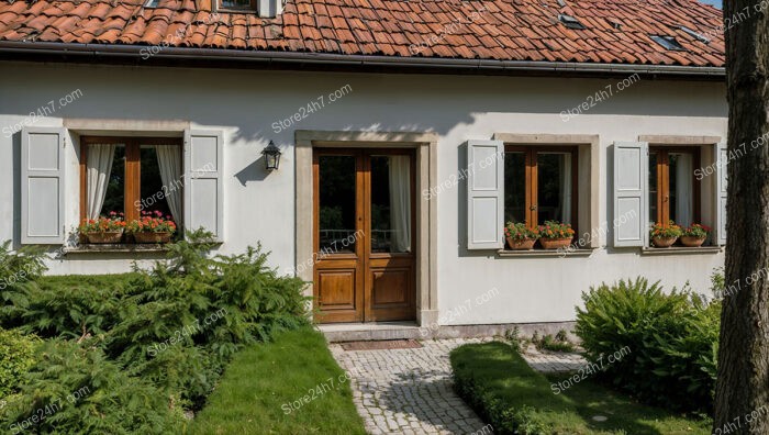 Quaint German cottage with flower boxes and wooden shutters