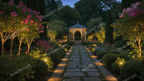 Romantic Evening Garden Path Illuminated by Soft Lighting