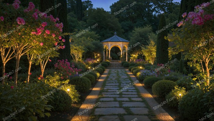 Romantic Evening Garden Path Illuminated by Soft Lighting