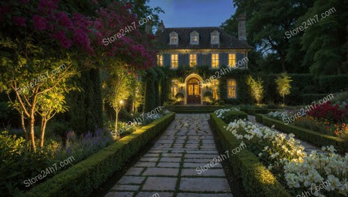 Romantic Evening Garden with Glowing Pathway Lights