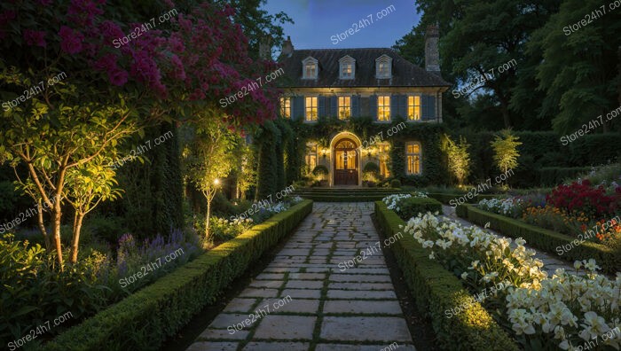 Romantic Evening Garden with Glowing Pathway Lights