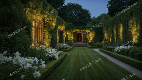 Romantic Evening Garden with Illuminated Ivy-Covered Walls