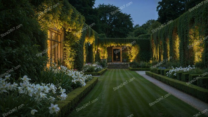 Romantic Evening Garden with Illuminated Ivy-Covered Walls