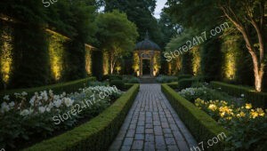Romantic Evening Garden with Illuminated Pathway and Pavilion