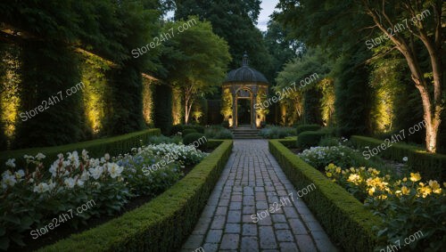 Romantic Evening Garden with Illuminated Pathway and Pavilion