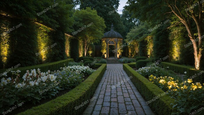 Romantic Evening Garden with Illuminated Pathway and Pavilion