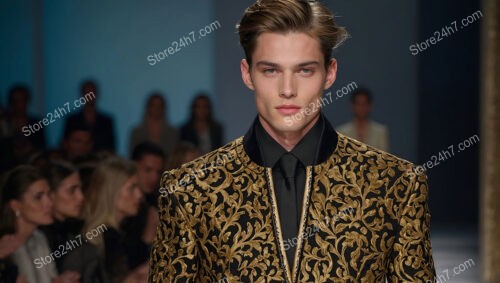 Runway Model in Gold and Black Embroidered Jacket