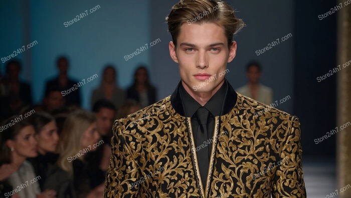 Runway Model in Gold and Black Embroidered Jacket