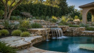 Serene Backyard Oasis with Cascading Waterfall and Stone Walls