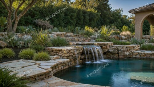 Serene Backyard Oasis with Cascading Waterfall and Stone Walls