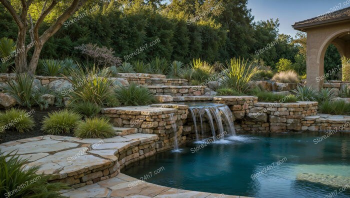 Serene Backyard Oasis with Cascading Waterfall and Stone Walls