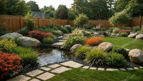 Serene Garden Pond with Natural Rocks and Flowers