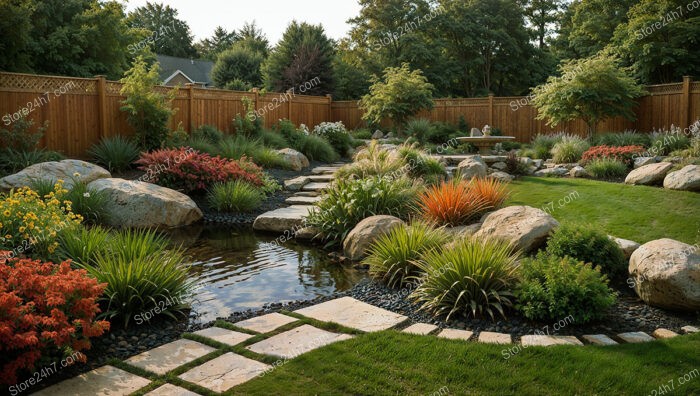 Serene Garden Pond with Natural Rocks and Flowers