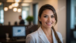 Smiling administrative assistant offering support in modern office