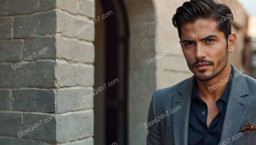 Stylish Man in Gray Suit with Intense Expression