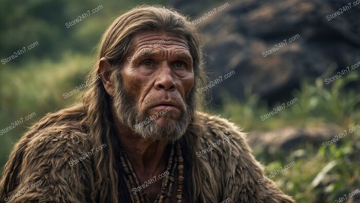 Thoughtful Caveman in Furs Observing the Ancient World