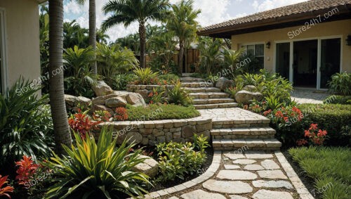 Tropical Garden with Stone Steps and Palm Trees