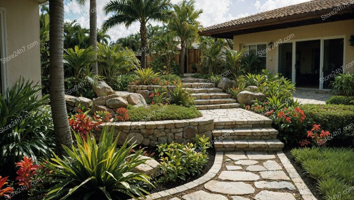 Tropical Garden with Stone Steps and Palm Trees