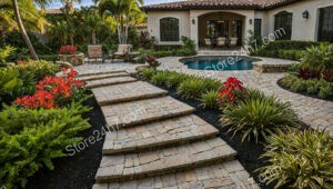 Tropical Paradise Garden with Stone Pathway and Poolside Retreat