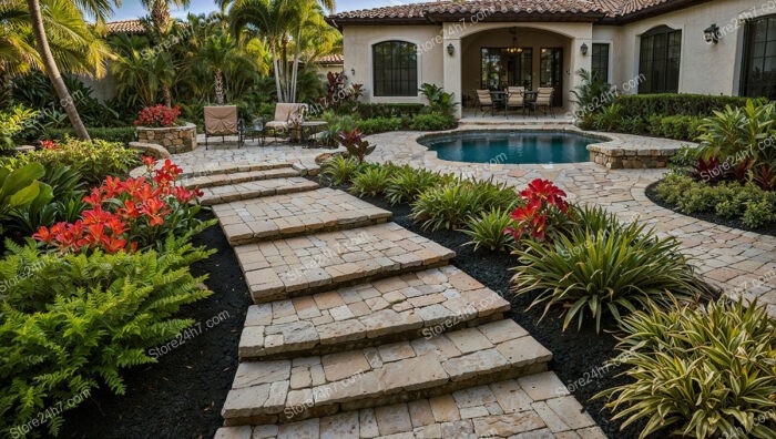 Tropical Paradise Garden with Stone Pathway and Poolside Retreat