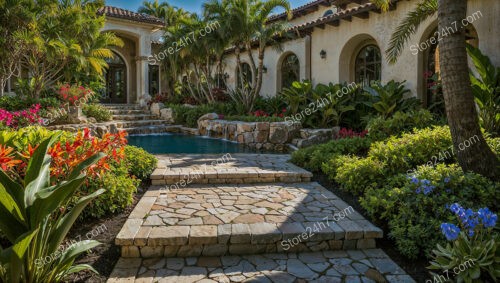 Tropical Poolside Courtyard with Cascading Waterfalls