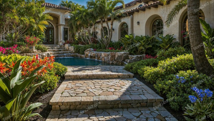 Tropical Poolside Courtyard with Cascading Waterfalls