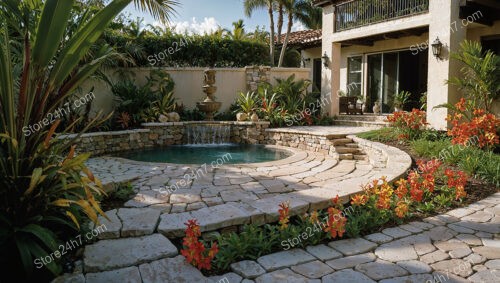 Tropical Poolside Retreat with Water Fountain and Stone Steps