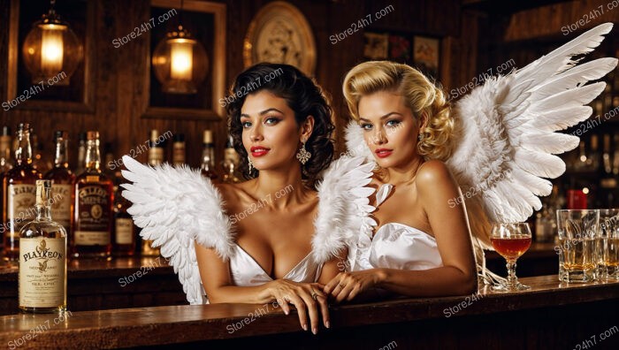 Two angels share whiskey in a charming vintage bar