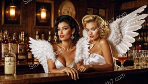 Two angels share whiskey in a charming vintage bar