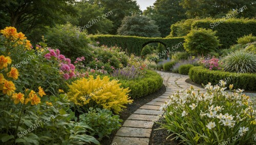 Vibrant Garden Pathway with Colorful Blooms and Archway