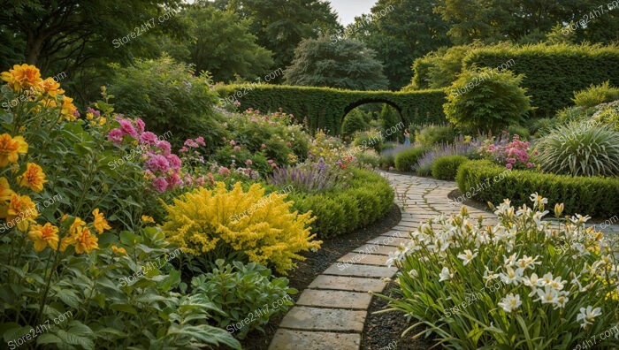 Vibrant Garden Pathway with Colorful Blooms and Archway