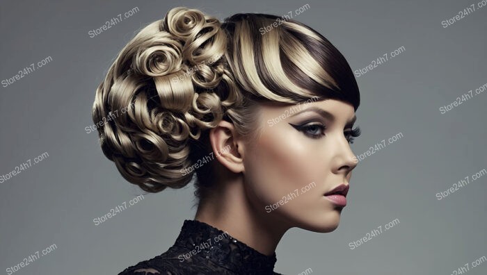 Vintage Bun with Layered Curls and Sleek Bangs