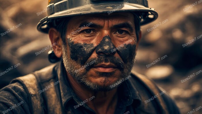 Weathered Coal Miner with Dust-Covered Face in Helmet