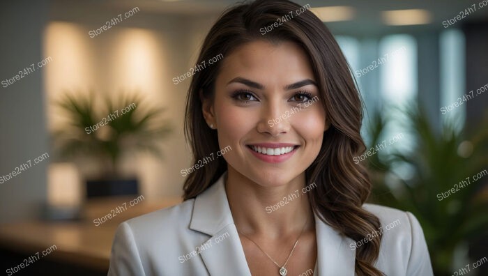 Welcoming businesswoman offering support in office environment