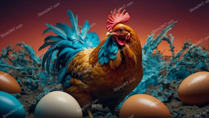 What Came First? A Chicken Among Blue Feathers and Eggs