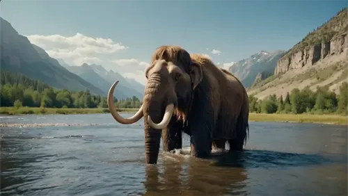 Caricature Mammoth Enjoys River Dip