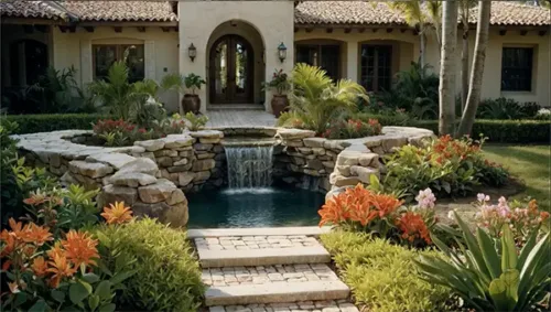 Serene courtyard with cascading waterfall